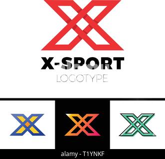 Linear letter X logo monogram. Simple sport logotype symbol. red color with shadow, black outline and orange gradient Stock Vector