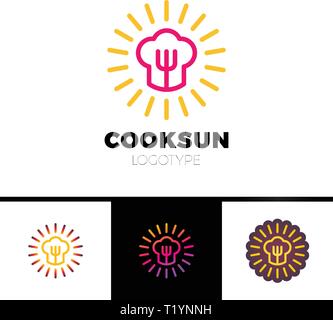 Kitchen, cafe, restaurant - vector logo template concept illustration. Chef hat, fork and sun. Sunny food sign. Design elements. Stock Vector
