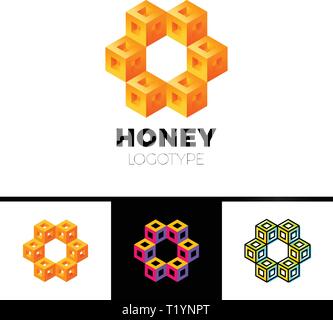 Hexagon 3D cube or hexagon frame honeycomb letter logo honey kaleidoscope Stock Vector