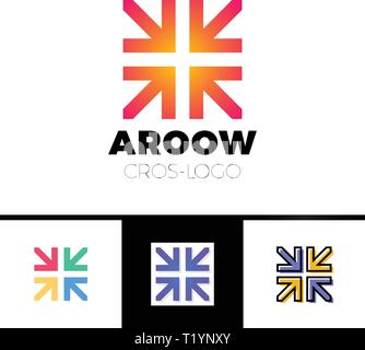 Four arrows logo form cross or plus graphic concept, intersection 4 directions creative emblem Stock Vector