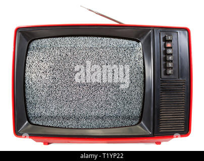 Red vintage portable CRT TV set made in USSR with television static noise on screen isolated on white background. Retro technology concept Stock Photo