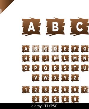 Wooden alphabet blocks with letters and numbers in wood texture area. ABC font for your text message, title or logos design. White background Stock Vector