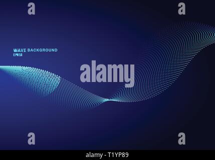 Abstract network design with particle light blue wave. Dynamic particles sound wave flowing on glowing dots dark background. Vector illustration Stock Vector