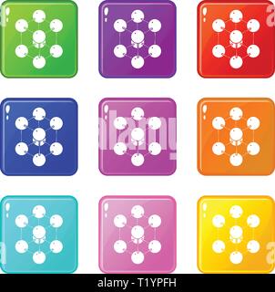Cube molecule icons set 9 color collection Stock Vector