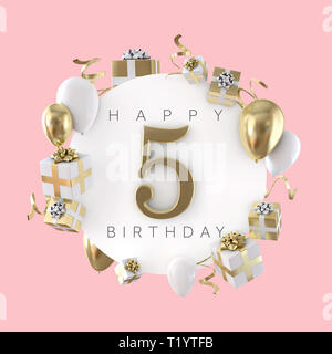 Happy 5th birthday party composition with balloons and presents. 3D Render  Stock Photo - Alamy