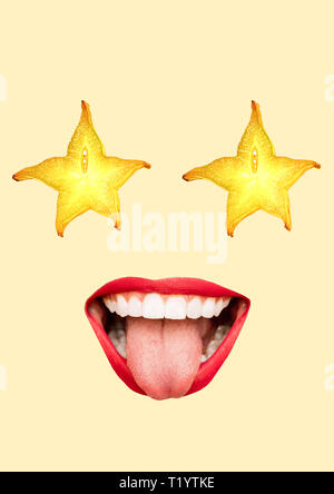 Pop-music superstar. Juicy view like a ripe carambola. Happy womans face with fruit shaped eyes and big smiling mouth, ideal white teeth. Modern design. Contemporary art collage. Healthy food concept. Stock Photo