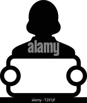 Pr icon vector female person profile avatar symbol with signboard for public relations in glyph pictogram illustration Stock Vector