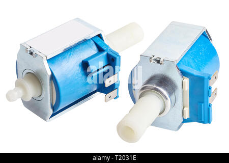 Feed chemical pump isolated on white background.Chemical pump used in waste water treatment, filtration plants. Solenoid pumps for industry Stock Photo