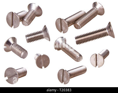 Set of steel screws isolated on white background. Spare parts coffee machines and componentes for coffee machines. Shower fixing screw Stock Photo