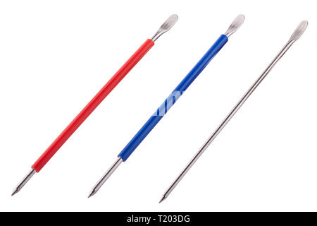 Set of latte art pen tool with silicone finger grip In red, blue colors.  Latte art for barista. Coffee Accessories. Barista Kit. Isolated on white ba Stock Photo