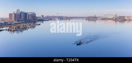 Panorama of a rowing boat at the Ems-Jade-Kanal in Wilhelmshaven, Germany Stock Photo