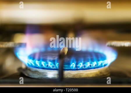 Blurred Gas Hob And Blue Flame In The Old Fashioned Kitchen Stock Photo Alamy