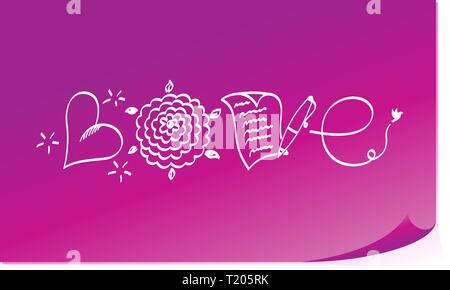 Love typography lettering word inscription from different objects on pink purple paper. L - balloon, O - flower, V - written paper and pen, E - trail  Stock Vector