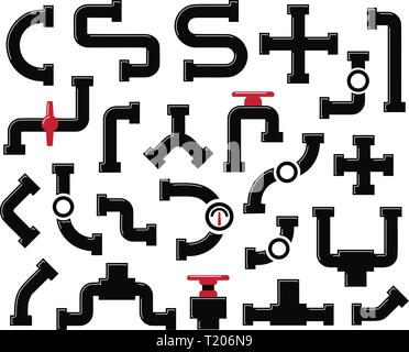 Pipe black icon set. Water supply unit, plumbing graphic elements. Pipes vector illustration. Pipeline design. Stock Vector