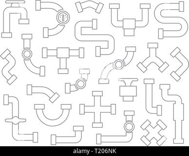 Set of pipeline element in line art style, contour vector icons collection on white background. Stock Vector
