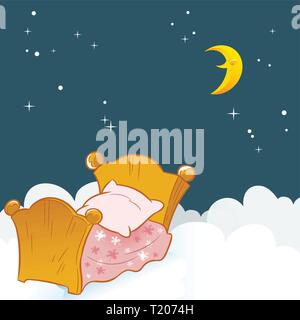 The illustration shows a small baby bed on a background of clouds and the night sky. Stock Vector