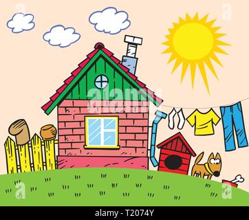 The illustration shows a small rustic house and a yard with a fence and a dog. Illustration done in cartoon style. Stock Vector