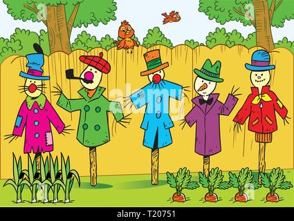 The illustration shows a few scarecrows in the garden. They stand along the fence in different clothes. Illustration done in cartoon style Stock Vector