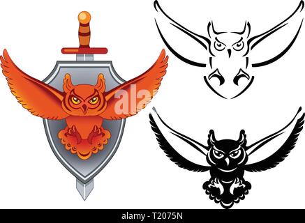 The illustration shows an owl on the background of the shield and sword as coat of arms. Also shown the owl black drawing of the style contour Stock Vector