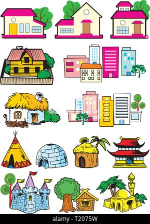 The illustration shows the houses in which people live.Each house is on a separate layer. Stock Vector