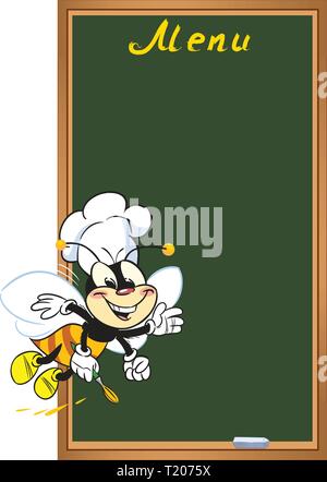 The illustration shows funny bee near board with the menu.Illustration done in cartoon style on separate layers. Stock Vector