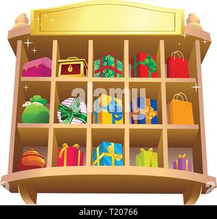On shelves are arranged beautiful colored gifts.Multi-colored packages and boxes tied with ribbons with bows.There is a field for text. Stock Vector