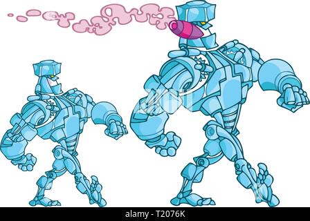 The Illustration shows walking humanoid robot smoking cigar, done in cartoon style. Stock Vector