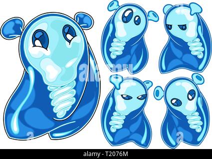 The illustration shows cute blue lamp-head alien in different emotion poses. The illustration done in cartoon style. Character shown in separate layer Stock Vector