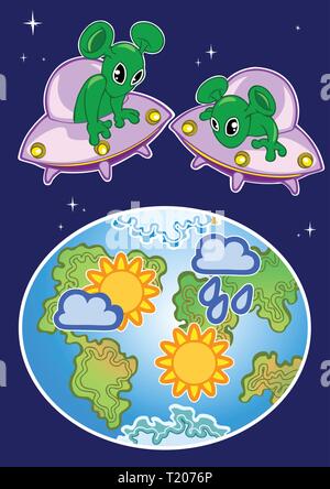 The vector illustration shows two funny aliens in a spaceship that are viewing the planet Earth. Stock Vector
