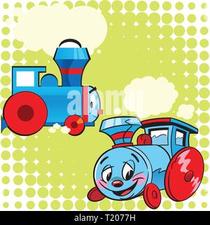 The illustration shows two models of the locomotive as a child's toy. Illustration done in cartoon style, done on separate layers. Stock Vector