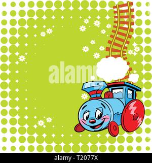 The illustration shows a funny toy locomotive on a green background. Illustration done in the children's cartoon style. There is a place for text, on  Stock Vector
