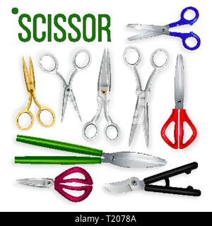 Scissor Set Vector. Metal Craft Object. Cut Tool. Paper, Garden, Hairdresser Symbol. Steel Scissor Cutter Equipment. 3D Realistic illustration Stock Vector