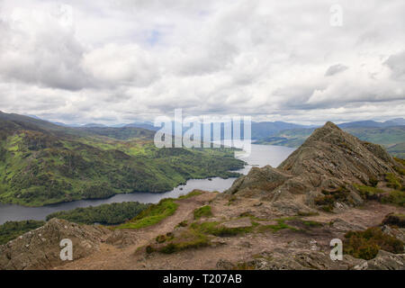 Looking down on Loch Katrine from the summit of Ben A'an in the Trossachs National Park in the Highlands of Scotland Stock Photo