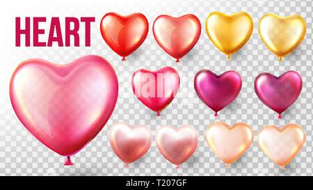 Heart Balloon Set Vector. Red And Gold. Flying Valentine Balloon In Heart Shape. Air Romantic Icon. Transparent 3D Realistic Illustration Stock Vector