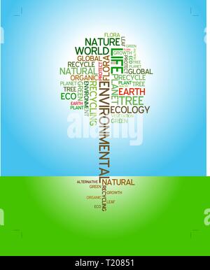 Ecology - environmental poster made from words in the shape of green tree Stock Vector
