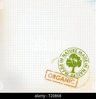 Squared paper with organic stamps - grunge bio/eco background Stock Vector