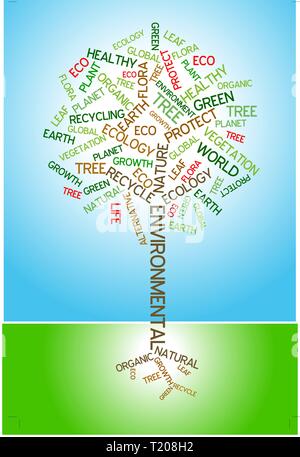 Ecology - environmental poster made from words in the shape of green tree Stock Vector