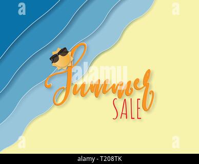 Creative illustration summer sale background with sea beach and sun paper cut style. paper art digital craft. template. poster. advertising board. fly Stock Vector