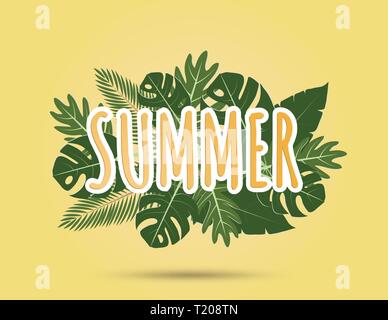 Creative illustration summer background with tropical leaves. Summer season design for brochure, web banner, flyer, invitation, poster, sale advertisi Stock Vector