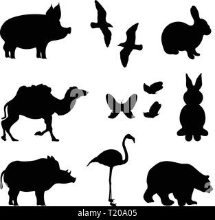 Animal silhouette set. Flamingo, rabbit, polar bear, camel, butterfly, pig, boar, two kinds of flying bird shape on white isolated background. Butterf Stock Vector