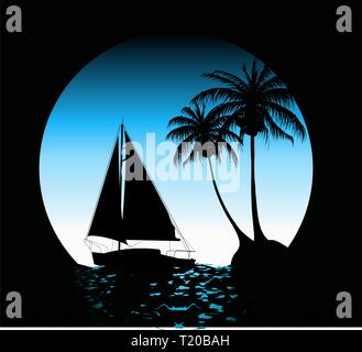 Summer background with palm trees and a yacht on the ocean Stock Vector