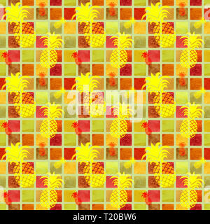 Decorative pineapple with different textures in warm watercolor colors.pineapples Stock Photo