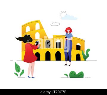Travel to Italy - colorful flat design style illustration on white background. A composition with girls, friends taking pictures at an Italian landmar Stock Vector