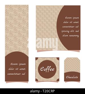 Stylish patterns with a coffee pattern. A cup of cocoa or coffee. Beige banners with brown objects. Square, vertical banners and label with place for  Stock Vector