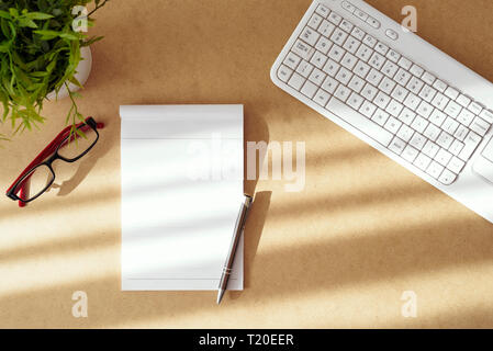 View from above on office wood desk. Copy space on paper notepad, pen, eye glasses, white computer keyboard and green plant. Stock Photo