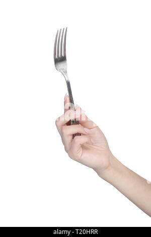 Female hand hold a fork isolated on white Stock Photo