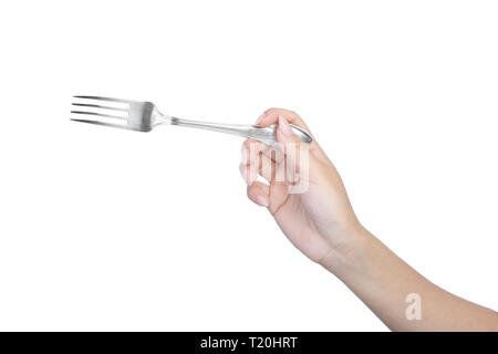 Female hand hold a fork isolated on white Stock Photo