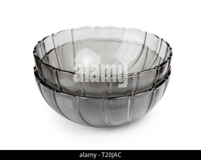 Empty black transparent bowls isolated on white background Stock Photo