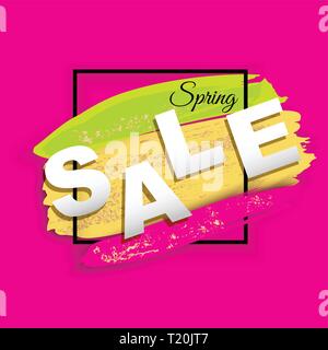 Spring Sale banner. Gold square frame on pink background. Green, yellow, pink blots with shadow and gold powder Stock Vector