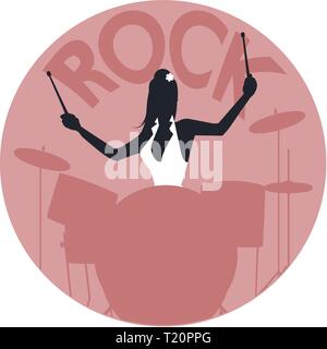 Musical style. Rock. Silhouette of girl playing the drums Stock Vector
